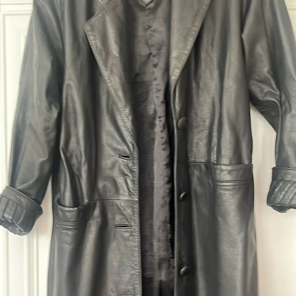 VTG Jacqueline Ferrar Maxi trench Coat long black Leather 90's lined Small - Picture 5 of 17